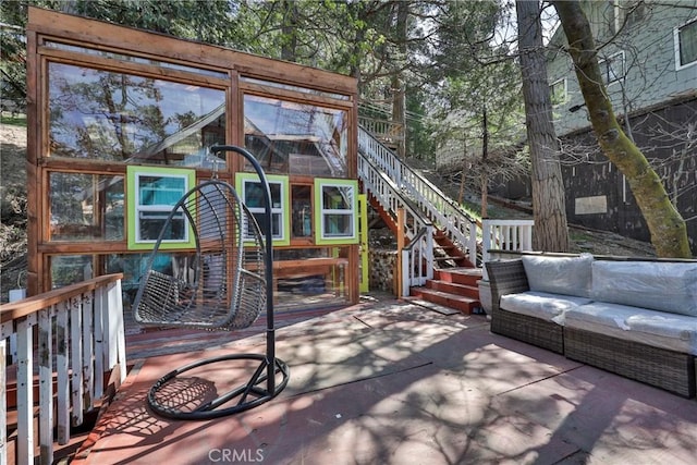 23677 Crest Forest Dr, Crestline, CA 92325 - deck with stairway, outdoor lounge area, and a patio