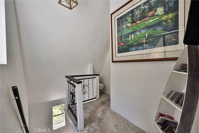 23677 Crest Forest Dr, Crestline, CA 92325 - stairway featuring carpet floors