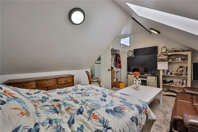 23677 Crest Forest Dr, Crestline, CA 92325 - bedroom featuring a skylight, lofted ceiling, and carpet floors