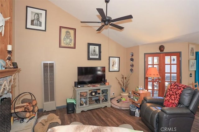 631 Vista Ave, Sugarloaf, CA 92386 - living area featuring lofted ceiling, french doors, wood finished floors, and ceiling fan