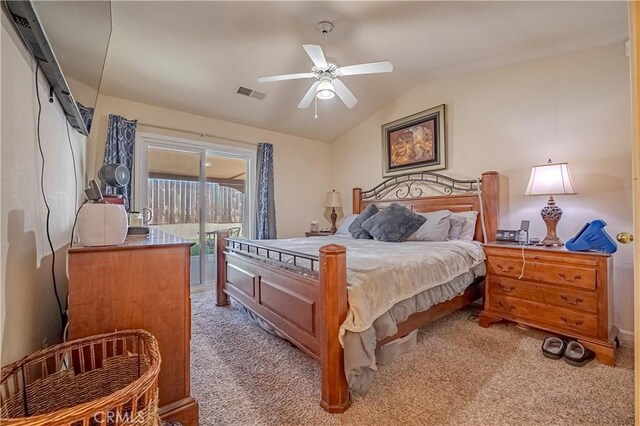 bedroom featuring a ceiling fan, visible vents, light colored carpet, access to exterior, and vaulted ceiling