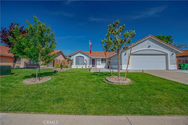 single story home with fence, a garage, stucco siding, a front yard, and driveway