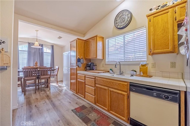kitchen featuring lofted ceiling, a healthy amount of sunlight, white dishwasher, a sink, and light wood finished floors