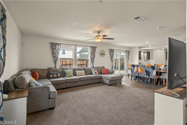 carpeted living room featuring recessed lighting, visible vents, a ceiling fan, and wood finished floors