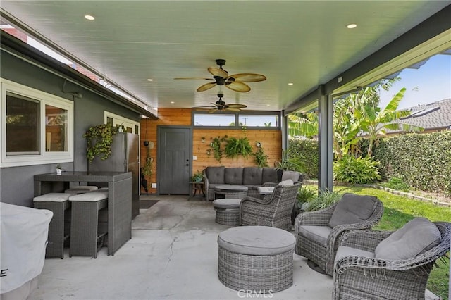 3251 Woodstock Rd, Rossmoor, CA 90720 - view of patio / terrace with a ceiling fan, a fenced backyard, and outdoor lounge area