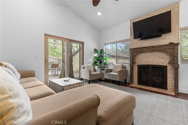 1753 Filbert St, Paso Robles, CA 93446 - living room with high vaulted ceiling, ceiling fan, a large fireplace, and recessed lighting