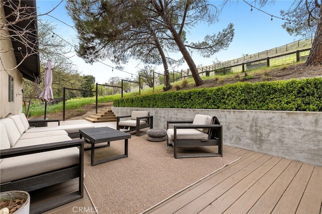 1753 Filbert St, Paso Robles, CA 93446 - wooden terrace with outdoor lounge area, fence, and stairs