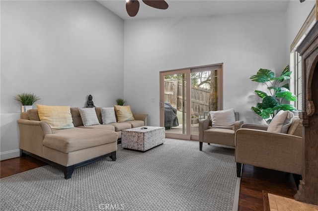 1753 Filbert St, Paso Robles, CA 93446 - living room with a high ceiling, a ceiling fan, and wood finished floors