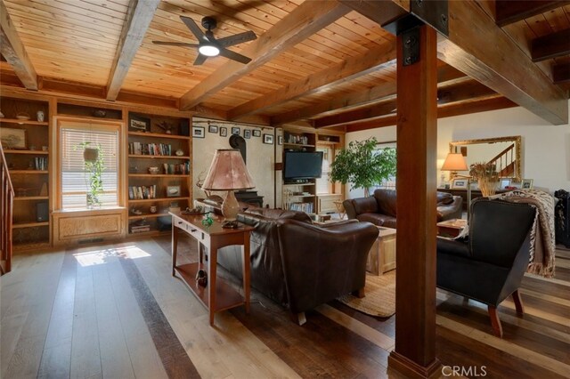 36575 Mudge Ranch Rd, Coarsegold, CA 93614 - living area with hardwood / wood-style floors, beamed ceiling, ceiling fan, and wood ceiling