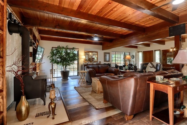 36575 Mudge Ranch Rd, Coarsegold, CA 93614 - living room with wood ceiling, a ceiling fan, beam ceiling, and wood finished floors