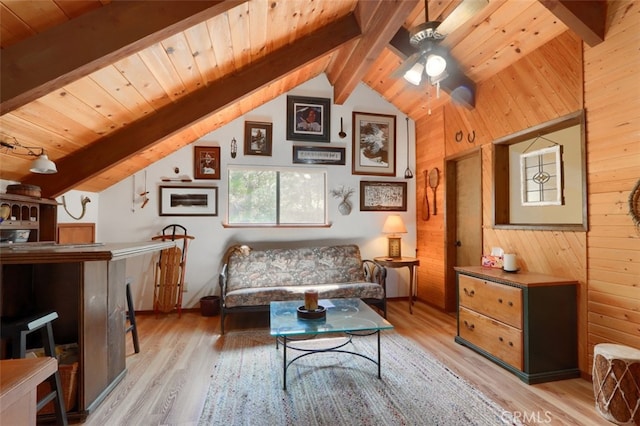 36575 Mudge Ranch Rd, Coarsegold, CA 93614 - living area featuring light wood-style flooring, wood ceiling, and wooden walls