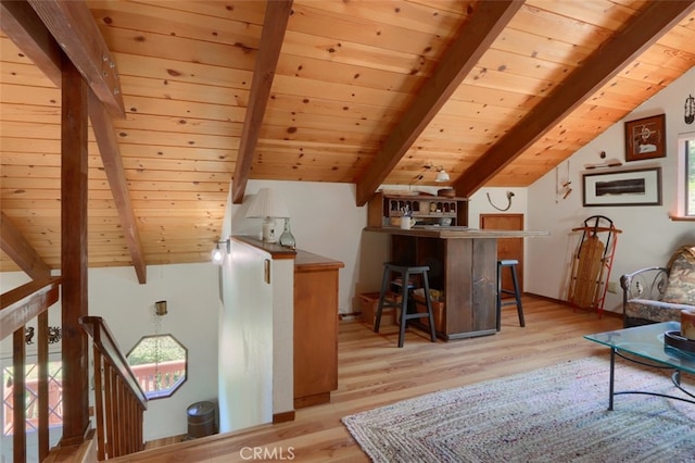 36575 Mudge Ranch Rd, Coarsegold, CA 93614 - office area with vaulted ceiling with beams, light wood-type flooring, and wooden ceiling