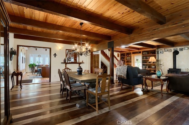 36575 Mudge Ranch Rd, Coarsegold, CA 93614 - dining area with dark wood-style flooring, beamed ceiling, a wood stove, and a wealth of natural light