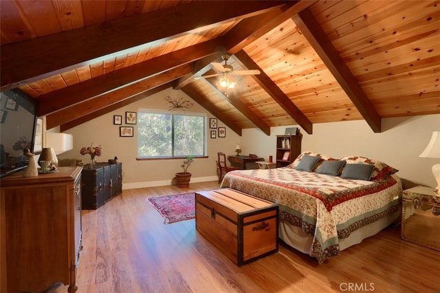 36575 Mudge Ranch Rd, Coarsegold, CA 93614 - bedroom featuring lofted ceiling with beams, a ceiling fan, wooden ceiling, wood finished floors, and baseboards