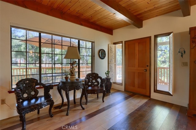 36575 Mudge Ranch Rd, Coarsegold, CA 93614 - entryway featuring beam ceiling, wooden ceiling, and hardwood / wood-style flooring