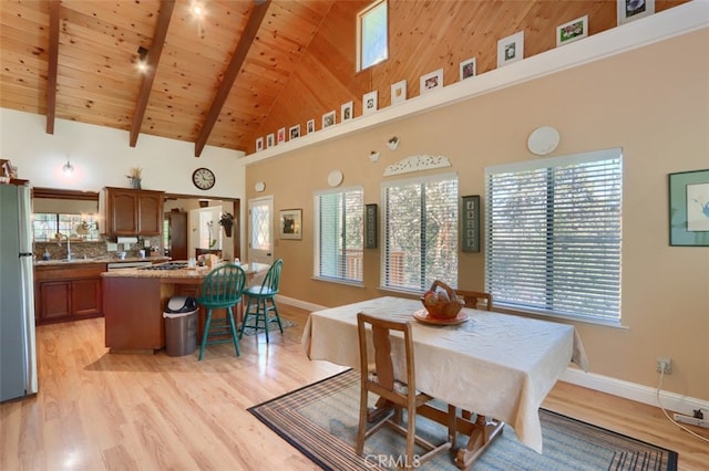 36575 Mudge Ranch Rd, Coarsegold, CA 93614 - dining space with baseboards, wooden ceiling, light wood-style floors, beamed ceiling, and high vaulted ceiling