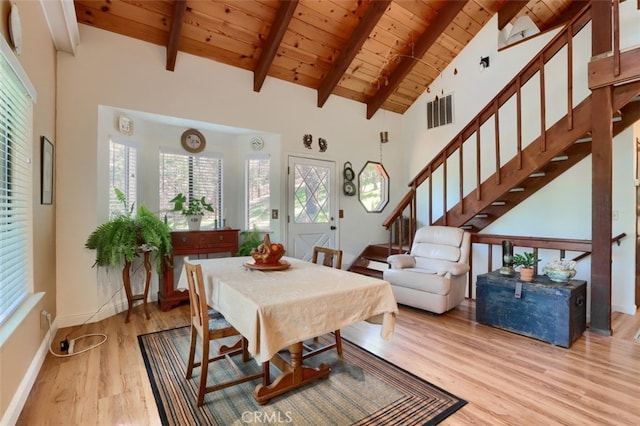 36575 Mudge Ranch Rd, Coarsegold, CA 93614 - dining space featuring visible vents, wood ceiling, beam ceiling, wood finished floors, and stairs