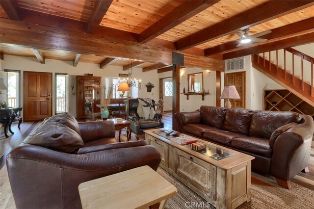 36575 Mudge Ranch Rd, Coarsegold, CA 93614 - living room featuring visible vents, light wood-type flooring, wooden ceiling, and a healthy amount of sunlight