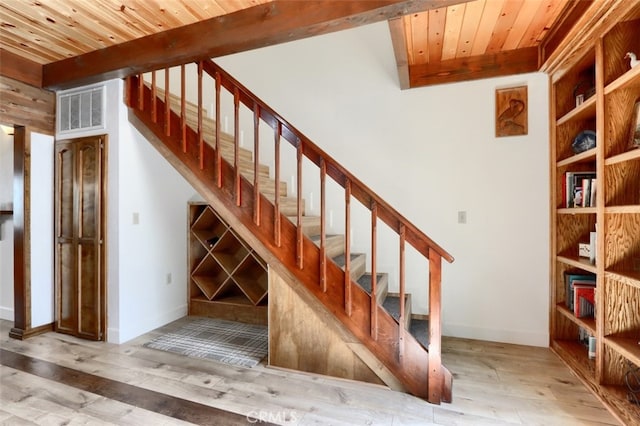 36575 Mudge Ranch Rd, Coarsegold, CA 93614 - staircase with wood-type flooring, visible vents, wood ceiling, and baseboards