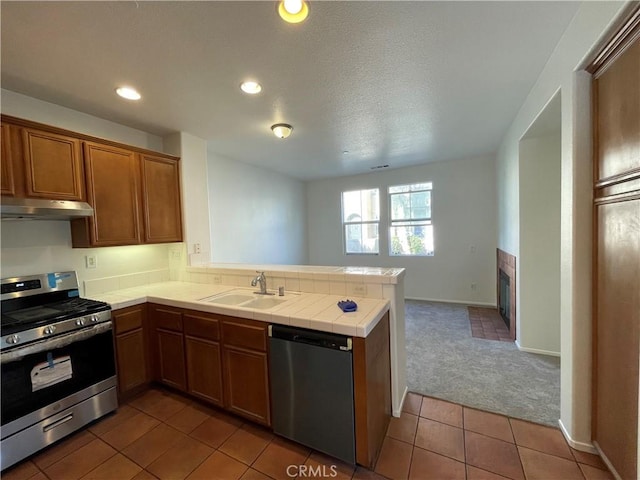 1800 E Lakeshore Dr Unit 302, Lake Elsinore, CA 92530 - kitchen with a sink, a peninsula, under cabinet range hood, carpet floors, and stainless steel appliances