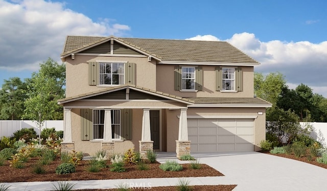 8800 Newcastle St, Hesperia, CA 92345 - view of front of house featuring a garage, stucco siding, fence, and a tile roof