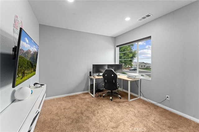 carpeted office with baseboards and recessed lighting