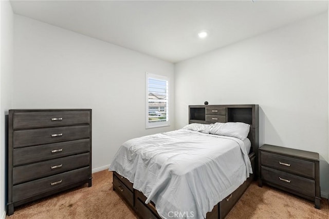bedroom with light carpet, baseboards, and recessed lighting