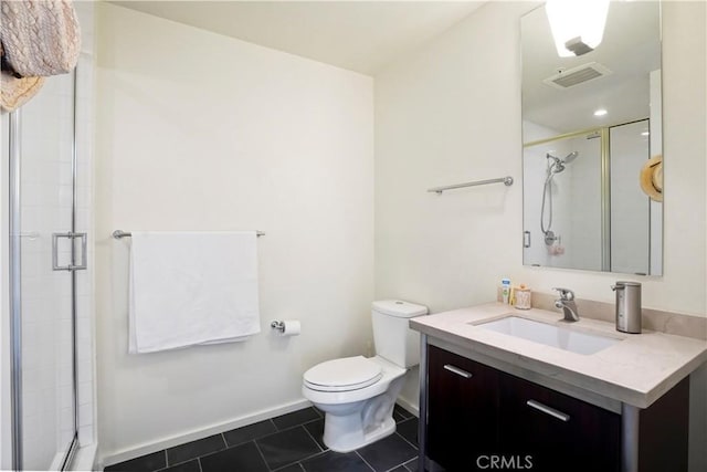 bathroom with a shower with shower door, toilet, visible vents, tile patterned floors, and vanity