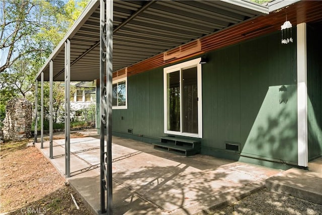 exterior space with a patio, entry steps, and crawl space