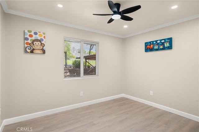 unfurnished room with baseboards, ceiling fan, light wood-type flooring, crown molding, and recessed lighting