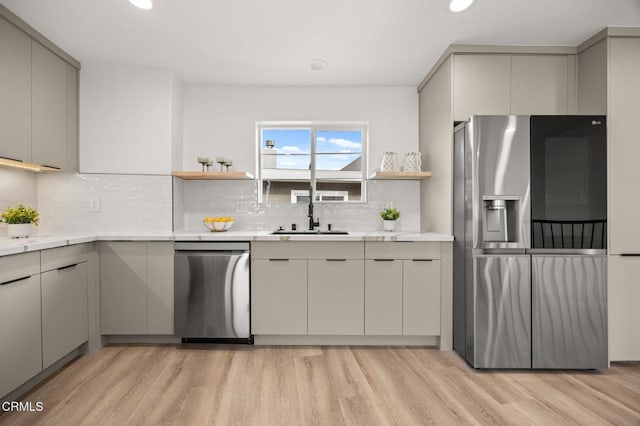2391 Yorkshire Dr, Los Angeles, CA 90065 - kitchen with gray cabinets, a sink, open shelves, and appliances with stainless steel finishes