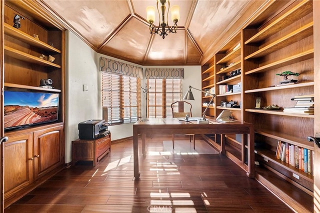 office area featuring crown molding, built in features, baseboards, and a notable chandelier