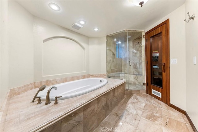full bathroom with marble finish floor, recessed lighting, visible vents, a bath, and a stall shower