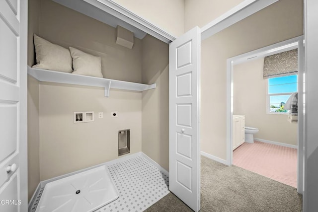 washroom with baseboards, carpet, laundry area, electric dryer hookup, and hookup for a washing machine