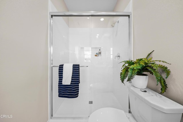 full bathroom featuring toilet and a shower stall