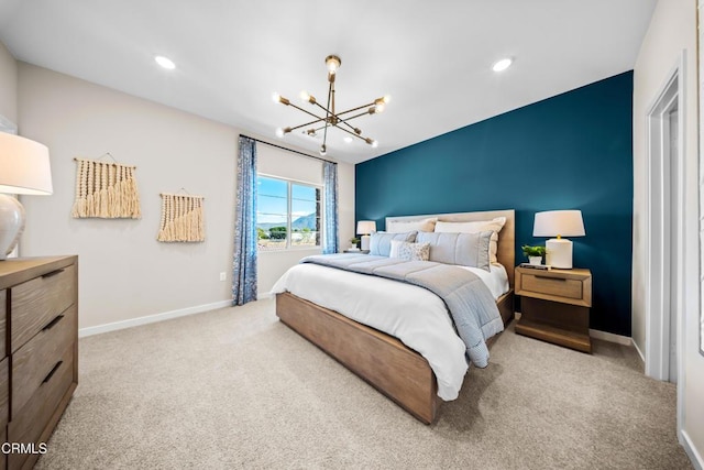 bedroom with recessed lighting, carpet, a notable chandelier, and baseboards