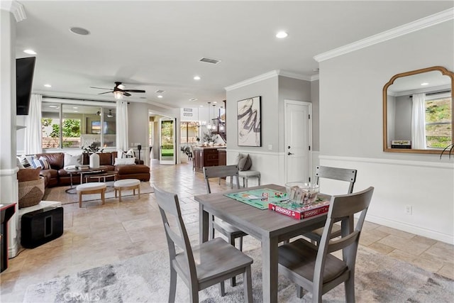 dining area with recessed lighting, visible vents, crown molding, and ceiling fan