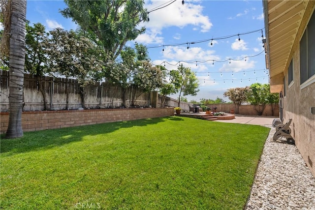 view of yard with a fenced backyard and a patio area