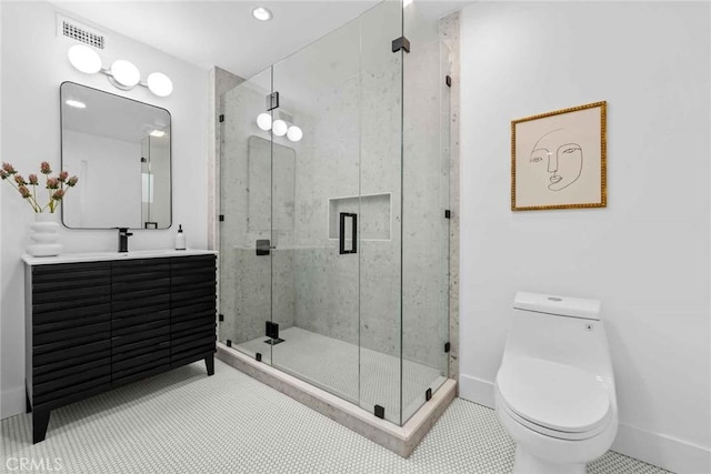 9027 Wonderland Ave, Los Angeles, CA 90046 - bathroom with toilet, vanity, a stall shower, and baseboards