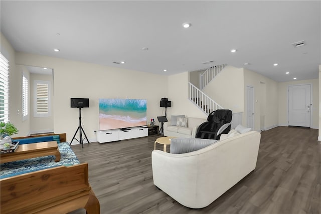 16533 Ground Breaker Ave, Chino, CA 91708 - living room featuring visible vents, baseboards, recessed lighting, stairway, and wood finished floors
