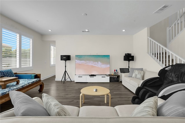 16533 Ground Breaker Ave, Chino, CA 91708 - living room featuring visible vents, recessed lighting, wood finished floors, and stairs