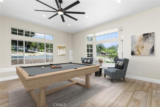 game room featuring light wood-type flooring, baseboards, recessed lighting, a ceiling fan, and billiards