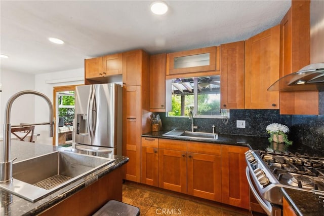2652 La Salle Way, San Jose, CA 95130 - kitchen featuring appliances with stainless steel finishes, a sink, wall chimney exhaust hood, brown cabinets, and recessed lighting