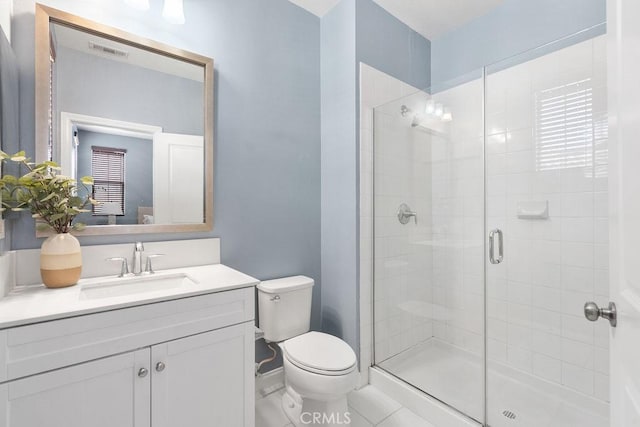 full bathroom with a stall shower, toilet, and vanity