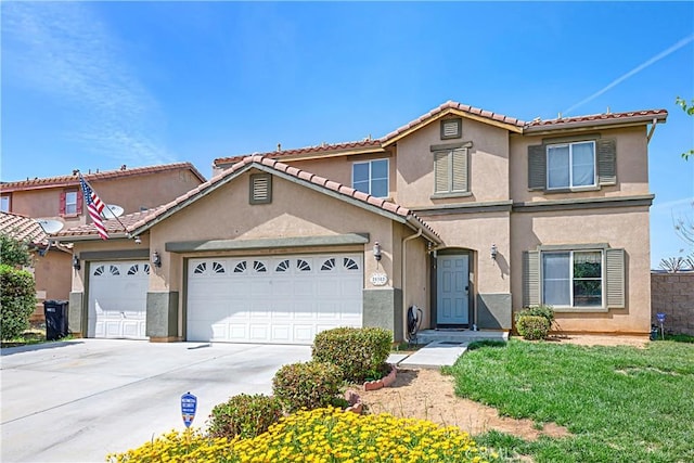 25382 Silverwood Ln, Menifee, CA 92584 - view of front facade with an attached garage, stucco siding, driveway, a front yard, and a tiled roof