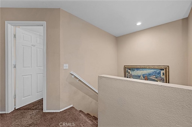 25382 Silverwood Ln, Menifee, CA 92584 - stairway featuring carpet floors, baseboards, and recessed lighting