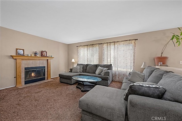 25382 Silverwood Ln, Menifee, CA 92584 - carpeted living area featuring a tiled fireplace and lofted ceiling
