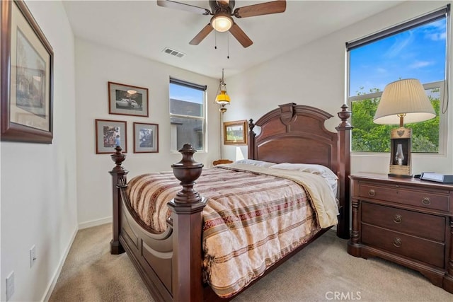 19533 Cardigan Dr, Northridge, CA 91324 - bedroom with light colored carpet, baseboards, a ceiling fan, and visible vents