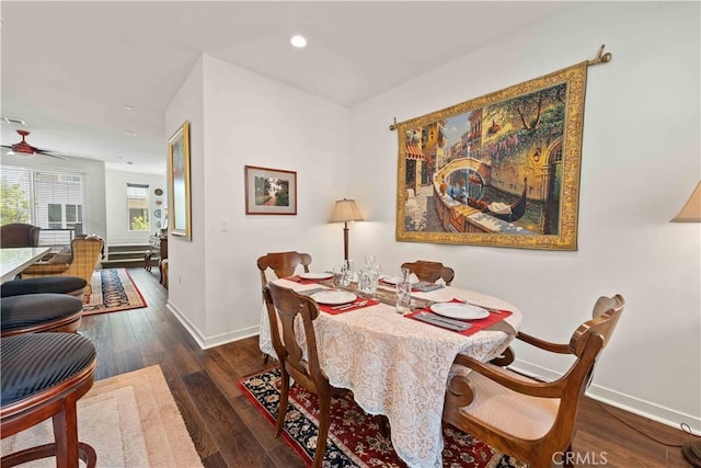 19533 Cardigan Dr, Northridge, CA 91324 - dining room featuring recessed lighting, ceiling fan, baseboards, and wood finished floors