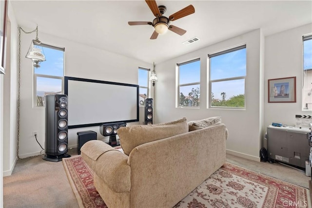 19533 Cardigan Dr, Northridge, CA 91324 - cinema room featuring light colored carpet, baseboards, a ceiling fan, and visible vents